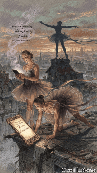 Surreal watercolor-gouache of two ballerinas on crumbling Gothic rooftop at twilight: ecs…
