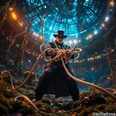 A man in a black steampunk outfit, including a long coat and top hat, stands in a futuris…