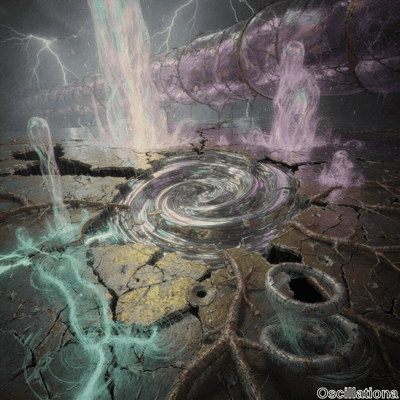 A surreal scene with a central iridescent vortex emitting vibrant colors, set against cra…
