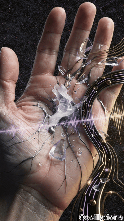 A close-up of a human hand with realistic lines and creases, embedded with translucent cr…