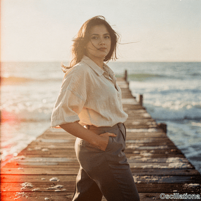 A young woman with windswept dark hair on weathered pier looks back at golden hour in shi…