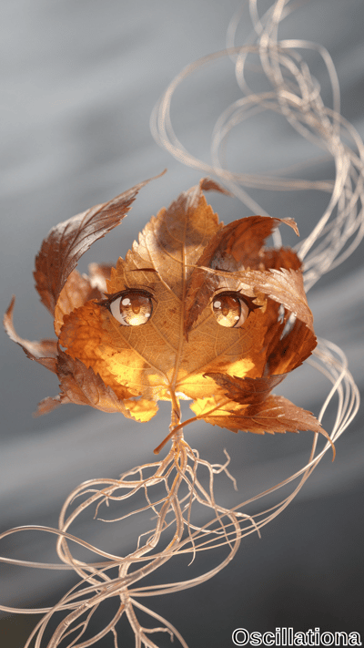 Cute anime-style anthropomorphic autumn maple leaf character in vibrant oranges, golds, b…