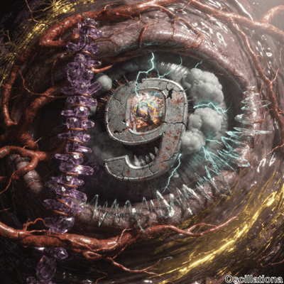 A surreal digital artwork featuring a cracked stone number "9" with a vibrant, swirling m…