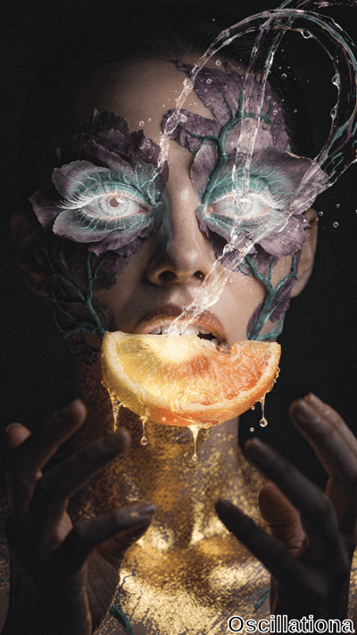 A surreal portrait of a person with a face adorned by intricate leaf-like patterns in pur…