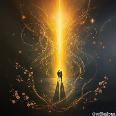 Two silhouetted figures stand close against a vibrant backdrop, a glowing golden beam ris…