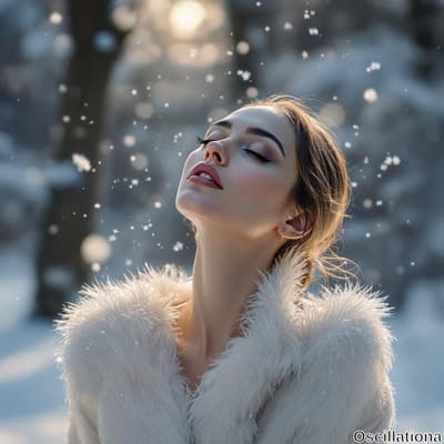 A young woman with a gentle expression and closed eyes tilts her head up as soft snowflak…