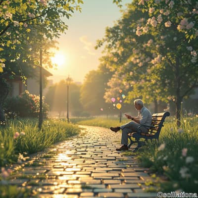 An elderly man with white hair sits on a wooden bench in a sunlit park, surrounded by lus…