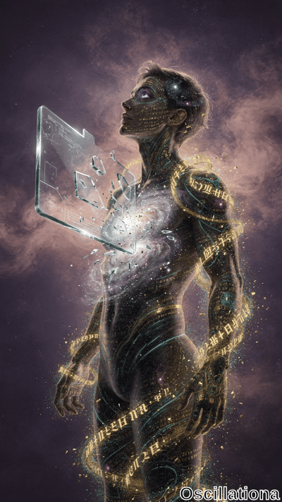 A humanoid figure with cosmic and technological themes, skin adorned with glowing symbols…