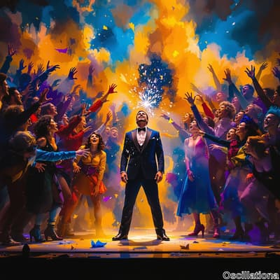 A man in a black tuxedo stands triumphantly at the center, head tilted back with joy as c…