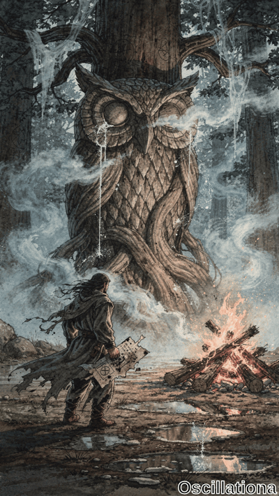 In a misty dark forest, a colossal ancient tree forms an owl spirit with bark-textured fe…
