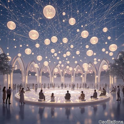 A serene, futuristic gathering space at twilight, featuring large, glowing spherical lant…