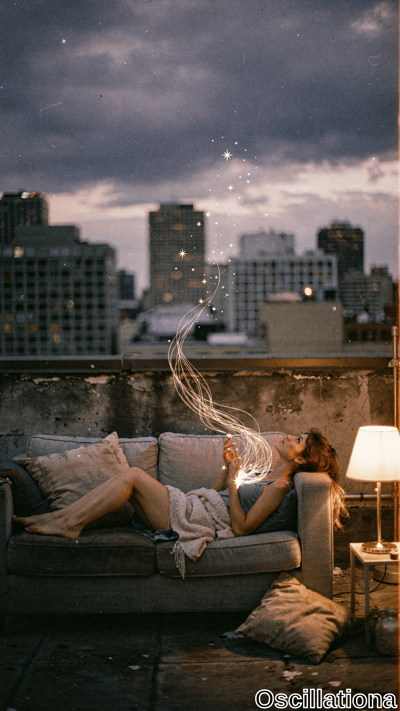 Dreamy twilight rooftop: young woman with long wavy auburn hair lounges barefoot on weath…