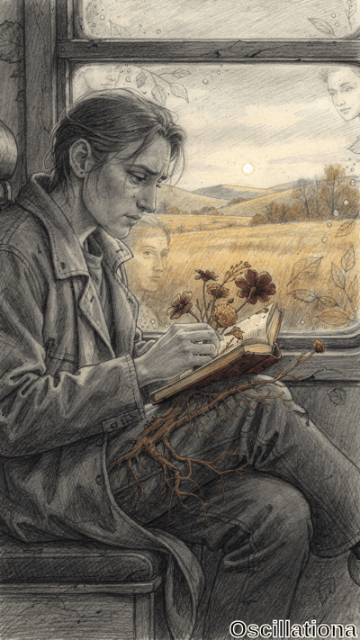Contemplative young man with tousled dark ponytail in gray attire sits on worn train benc…