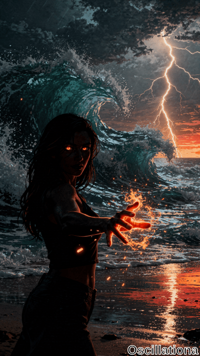 A woman with long, dark hair and glowing orange eyes stands on a stormy shore, extending …