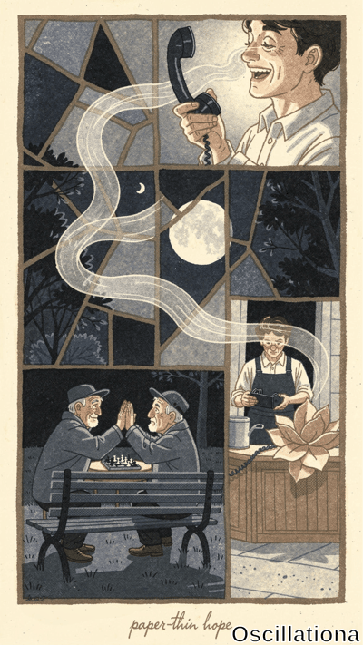 Beige-framed stained-glass gouache with blue-gray panes: grinning man laughing on phone c…