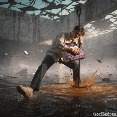 A bloodied-faced man wades waist-deep in murky floodwater in ruined library, gripping sta…