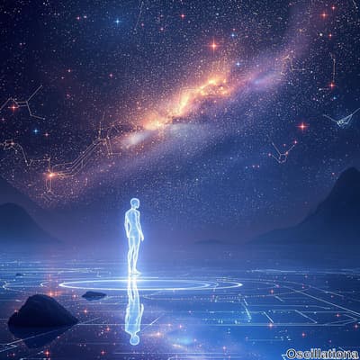 A translucent, glowing human figure stands on a reflective, grid-like surface of light, f…