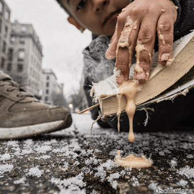 Close-up low-angle photo on snowy urban street in overcast winter light: young Asian boy,…