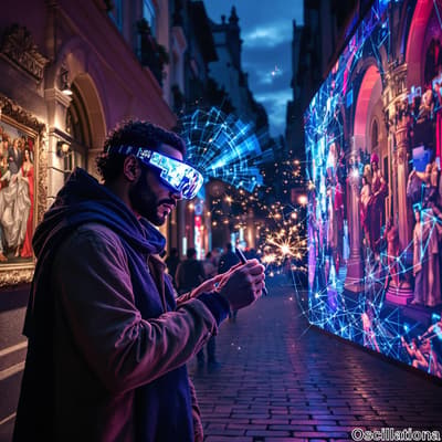 A man stands in a dimly lit, narrow street, illuminated by soft artificial lights and a d…