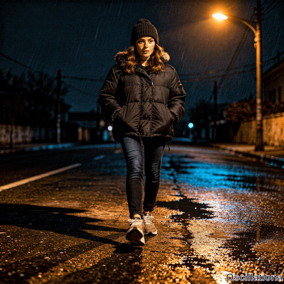 Young freckled woman with brown hair in black beanie and puffer jacket stands on rain-sli…