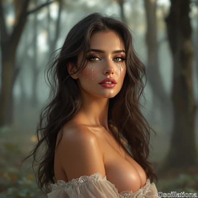 A woman with long, wavy brown hair stands in a misty forest, wearing a delicate off-the-s…