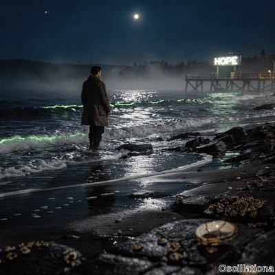 A man in trench coat on beach under moon with back to viewer gazing at green bioluminesce…