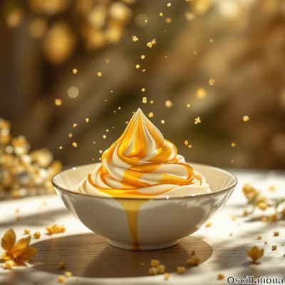 A swirled soft-serve dessert in a white ceramic bowl with a golden rim, featuring vibrant…