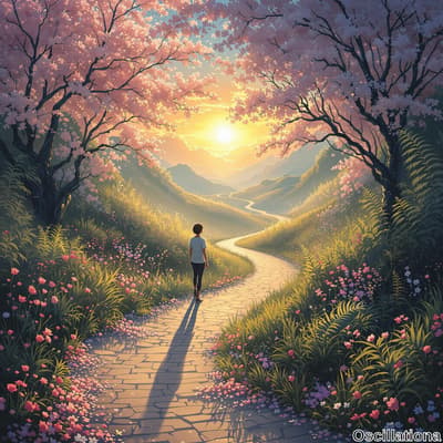 A serene sunset landscape with a winding cobblestone path leading into the distance, flan…
