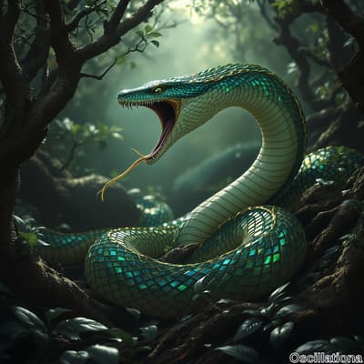 A detailed green tree python-inspired snake with vibrant turquoise and green scales, acce…