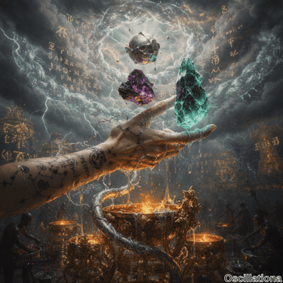 A large tattooed hand holds three glowing crystals - silver, purple, and green - dripping…