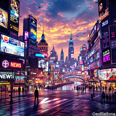 A futuristic cityscape at dusk with tall skyscrapers covered in neon digital billboards d…