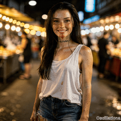 A young woman with long dark hair and freckles smiles with red sauce dripping from her mo…