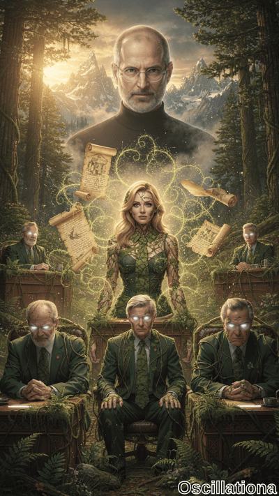 Surreal hyper-realistic digital artwork of a mystical forest courtroom at golden sunset: …