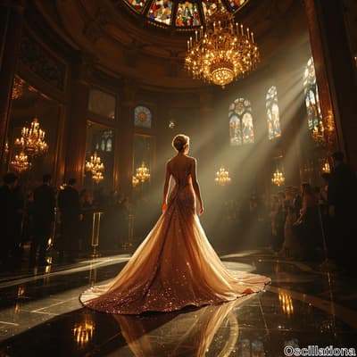 A woman in a stunning evening gown with shimmering sequins stands elegantly in a lavish b…