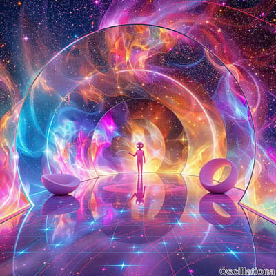 A surreal cosmic scene with vibrant colors and abstract shapes; deep blues, purples, and …