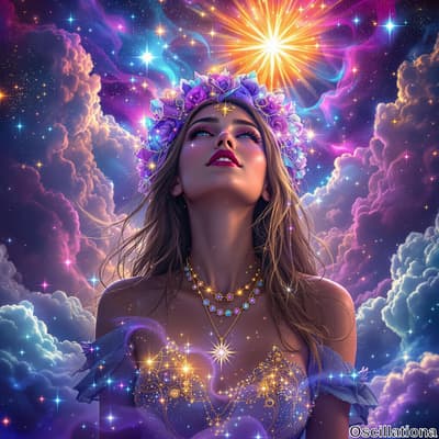 A woman with long, flowing hair and a crown of vibrant, multicolored flowers gazes upward…
