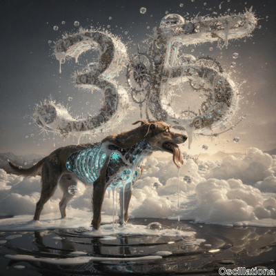 A surreal, futuristic scene with a dog standing in a dripping pool, its partially transpa…
