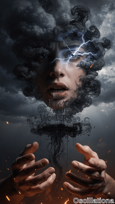 A surreal digital artwork depicting a face emerging from dark smoke clouds, with a lightn…