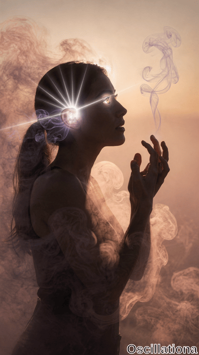 A silhouette of a woman in profile against a warm-toned background, blowing smoke that sw…