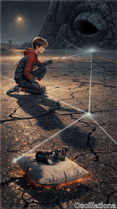 Surreal night scene on cracked asphalt road under starry sky: boy in red Spider-Man hoodi…