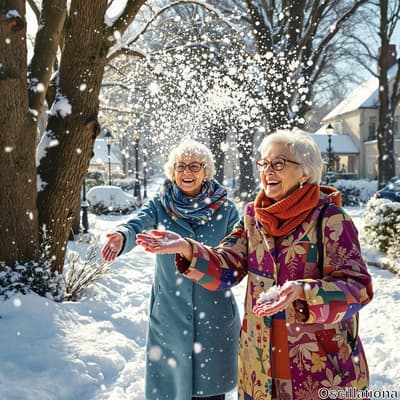 Two elderly women revel in a snowy day, standing in a winter landscape blanketed with sno…