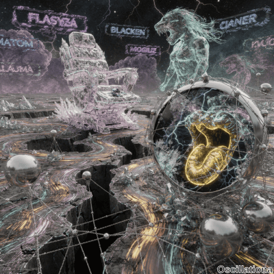 A surreal digital artwork with a dark, starry sky and lightning bolts in the background, …