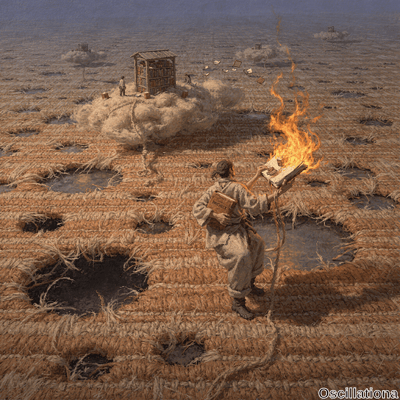 Surreal painterly digital art of a textured orange-brown reed landscape pocked with dark …