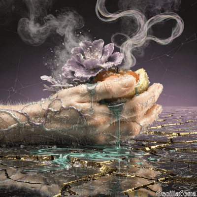 A pair of crystalline hands hold a partially cut peach from which a vibrant purple flower…