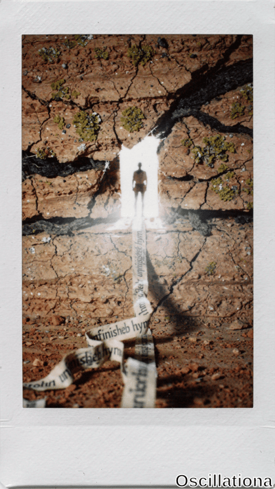 Polaroid photo of nude figure silhouetted by light from jagged fissure in mossy red-brown…
