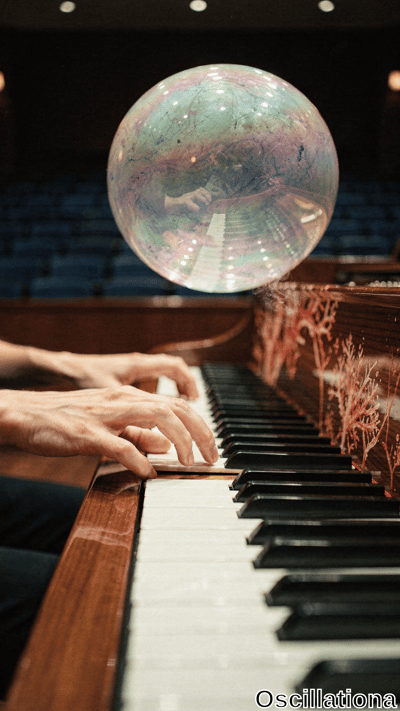 Surreal close-up in dimly lit auditorium: large iridescent soap bubble floats above grand…