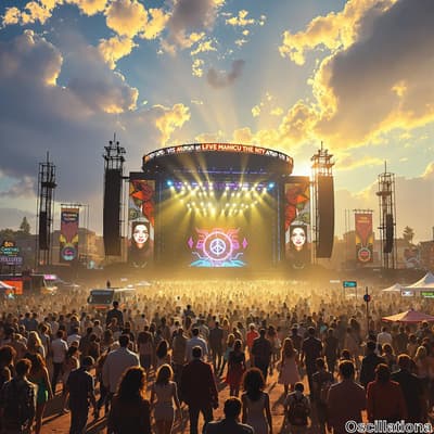 A vibrant outdoor music festival at sunset with a large circular stage displaying a color…