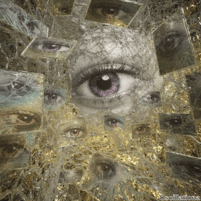 A surreal image with a large central eye featuring a vivid purple iris, surrounded by a w…
