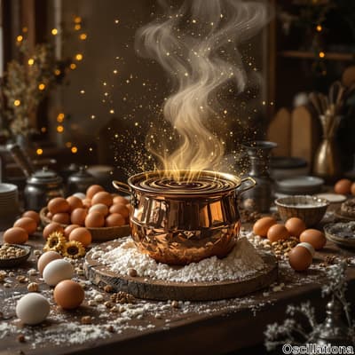 A rustic kitchen scene with a central copper pot emitting swirling, golden steam, suggest…