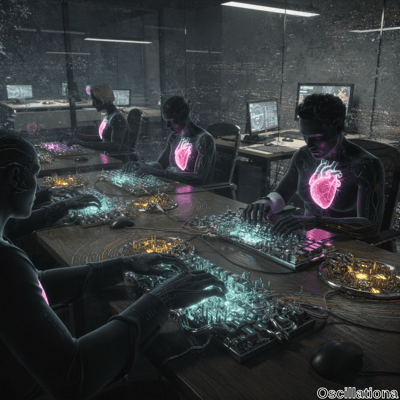In a futuristic, dimly lit office with a cyberpunk vibe, four individuals work at clutter…